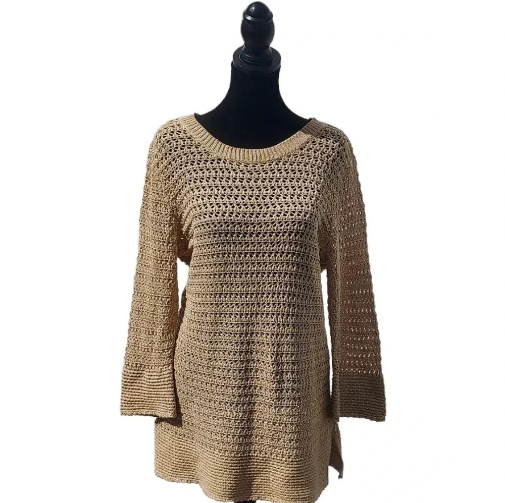 Chicos Light Brown/Gold Glittered Open Knit Sweater Size 1